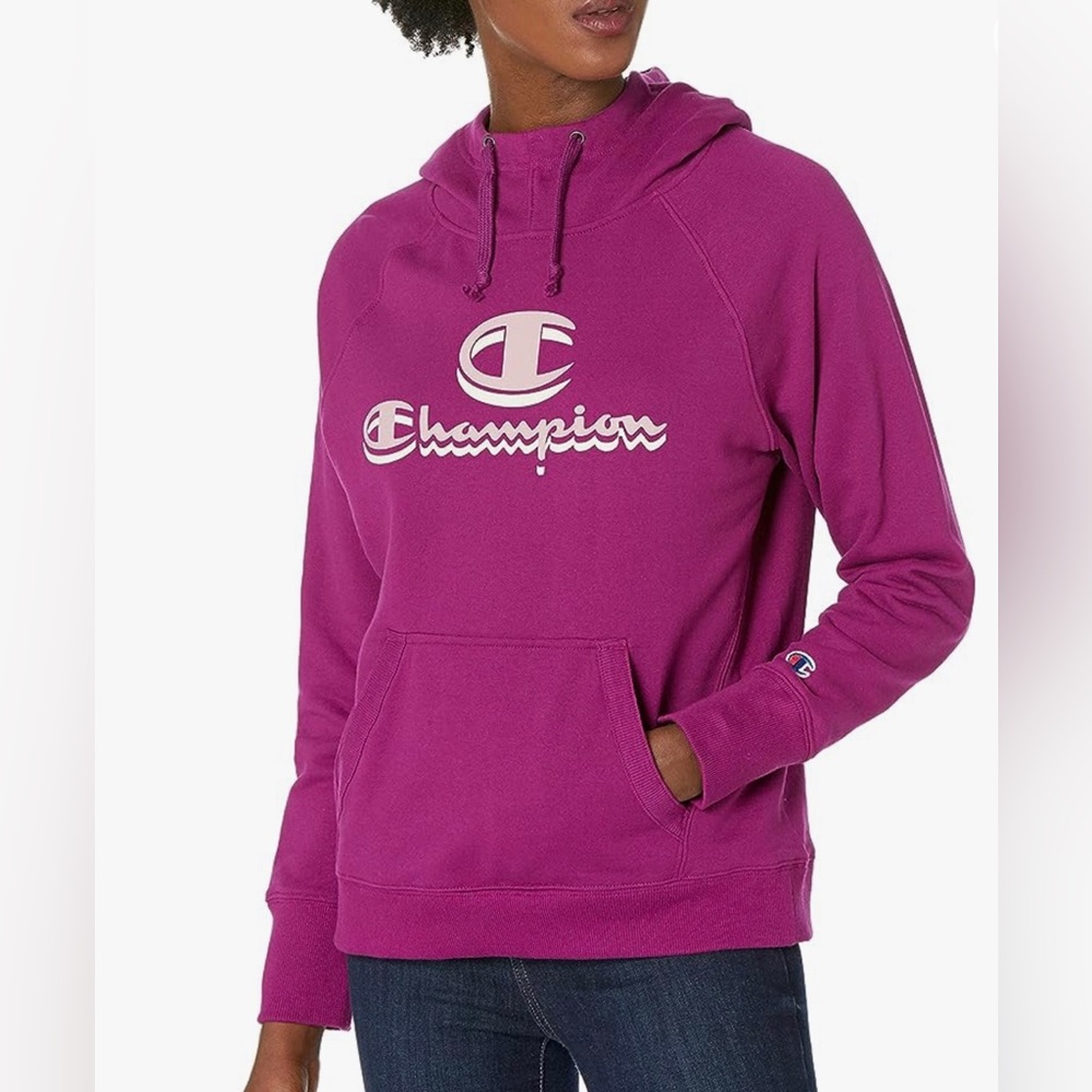 Champion Fleece Hoodie Sweatshirt Double Logo Purple Powerblend Womens Size M